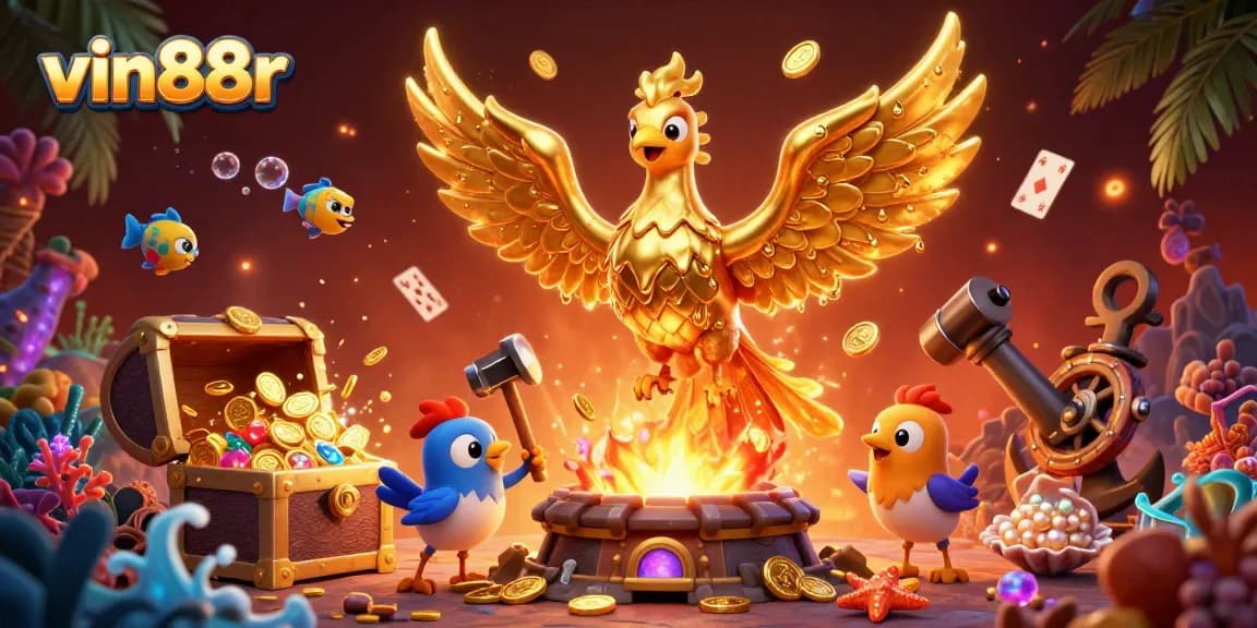 vin88r captivates players with a molten gold phoenix and treasure in a vibrant casino-themed scene.