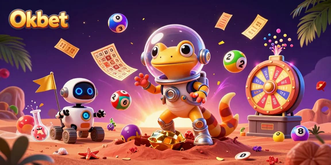 Oxbet features a Martian gecko in a cosmic casino setting with colorful lottery elements.