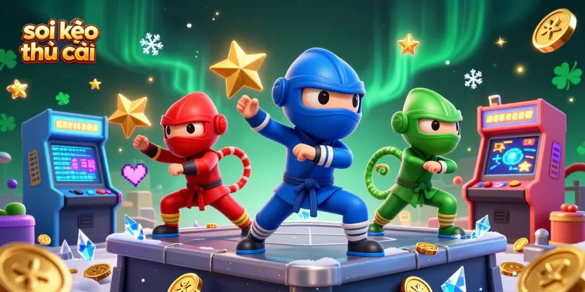 Synchronize martial arts poses with colorful characters while showcasing soi kèo nhà cái's vibrant gambling elements.