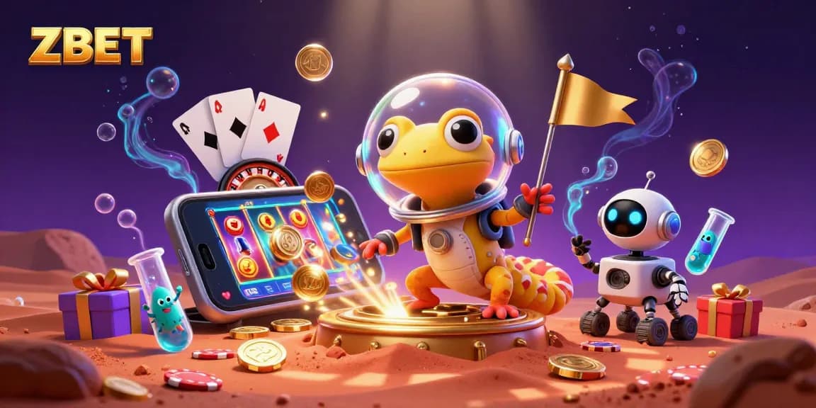ZBET inspires excitement with a Martian gecko exploring a golden casino in a dynamic illustration.