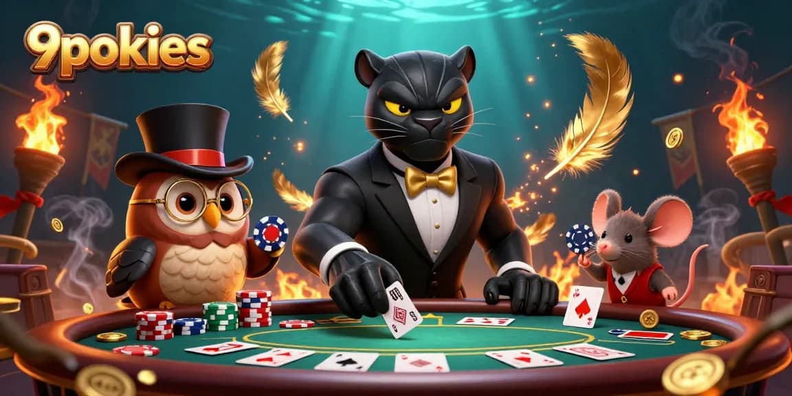 Engage in the thrill of 9pokies as the panther deftly deals cards surrounded by rich casino elements