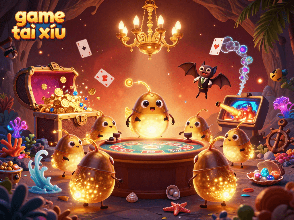 Experience the excitement of game tài xỉu in this vibrant casino scene featuring lively glowworms and a bat dealer.