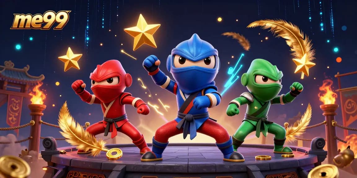 me99 showcases a 3D ninja chameleon team in action, perfect for online casino promotions.