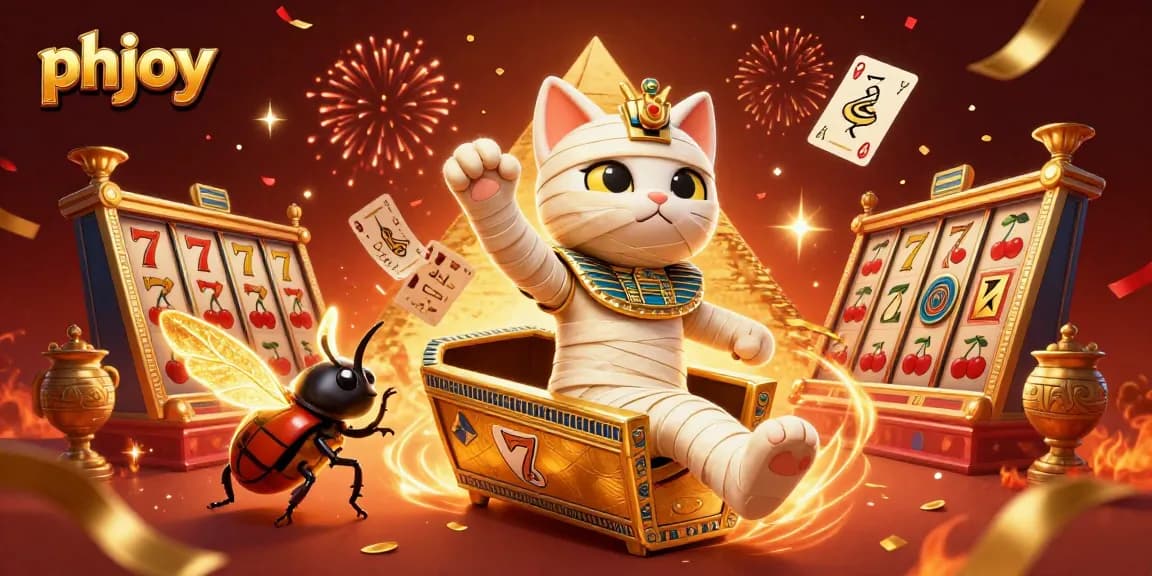 Experience slot gaming excitement with phjoy's Egyptian mummy cat and dazzling casino elements.