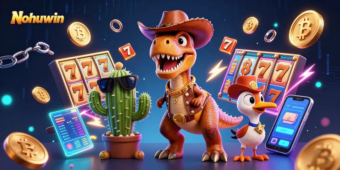 Nohuwin invites players to spin vibrant slot reels and jackpot counters in a colorful, dynamic casino scene.