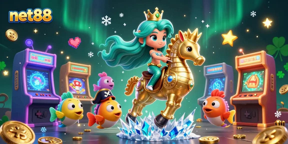 Engage with net88's vibrant casino adventure featuring a mermaid princess, seahorse, and colorful fish.