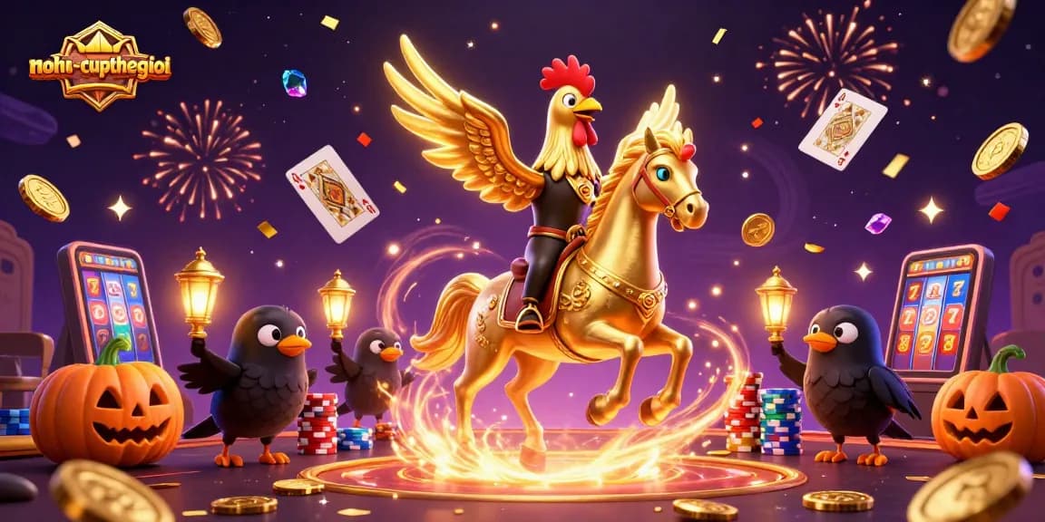 Nohu-cupthegioi offers exciting wagering adventures with a golden rooster and treasure in a vibrant casino.