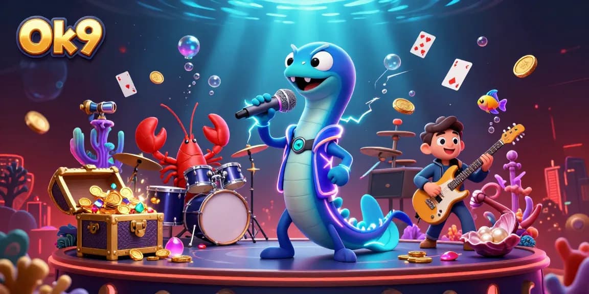 Experience thrilling gaming at Ok9 with colorful characters and underwater treasures in a casino stage.