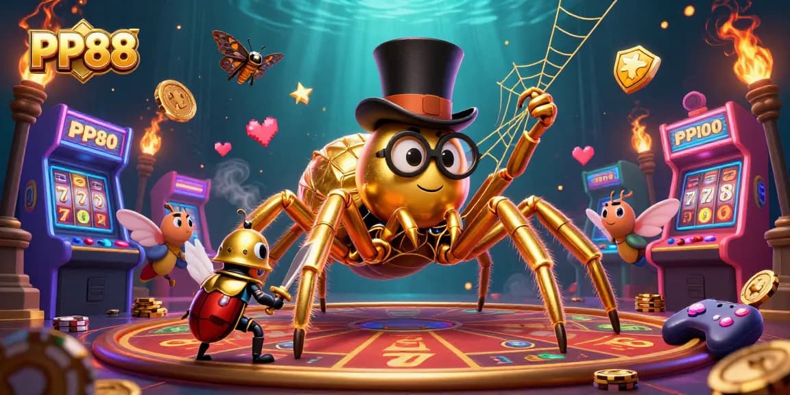 Engage with the vibrant PP88 casino world featuring a golden tarantula and beetle knight amidst dynamic gaming elements.