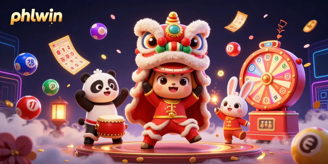 Experience phlwin's exciting gaming atmosphere with a vibrant lion dance scene and dynamic lottery elements.