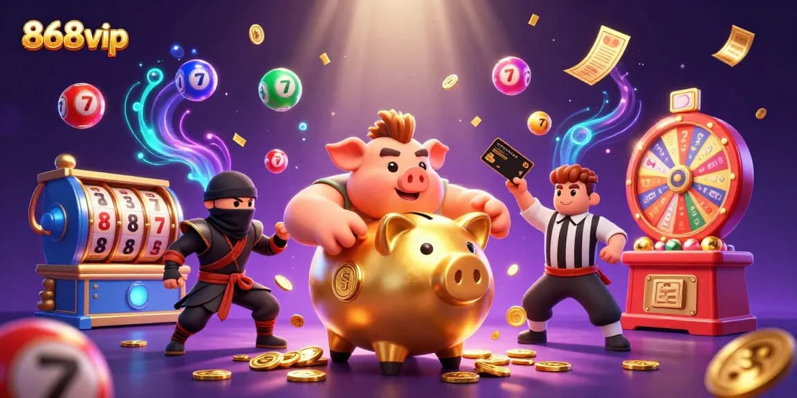Engage with 868vip's thrilling gaming experience showcasing a golden piggy bank sumo wrestler amidst vibrant casino elements.