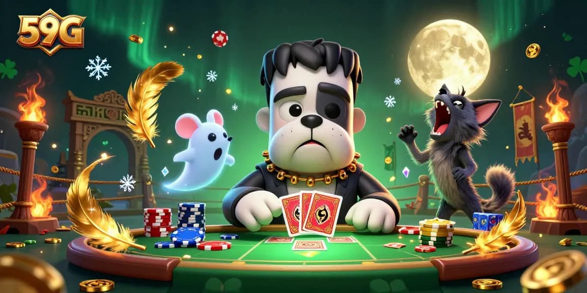 Engage in thrilling gameplay at 59G with a cartoon Frankenstein bulldog dealing cards in an exciting casino scene.
