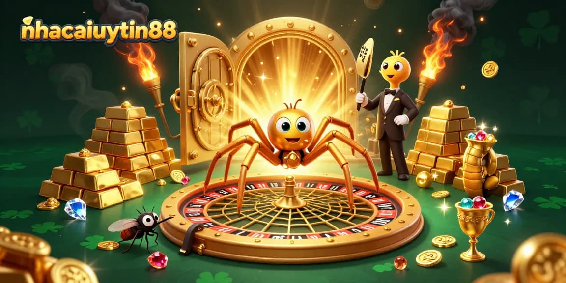 Experience the excitement of nhacaiuytin88 with a fly betting on a roulette wheel web spun by a golden spider.