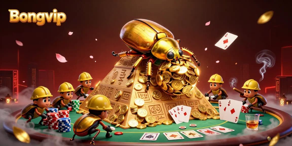 Bongvip showcases a golden beetle rolling coins, surrounded by a vibrant casino scene