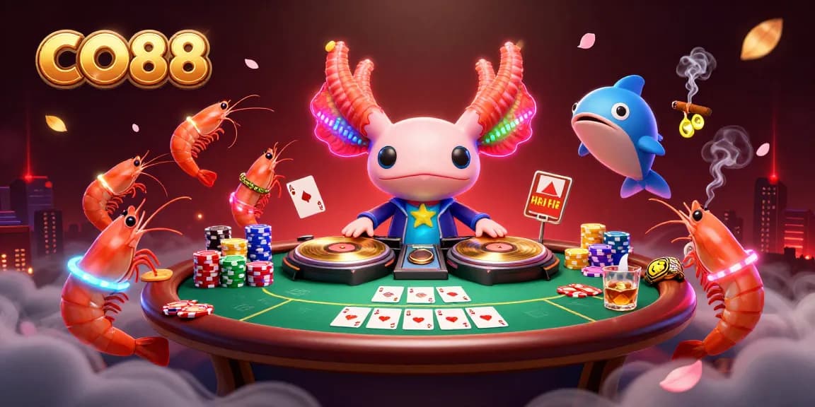 Experience CO88 with a vibrant underwater casino scene featuring a DJ axolotl and animated sea creatures.