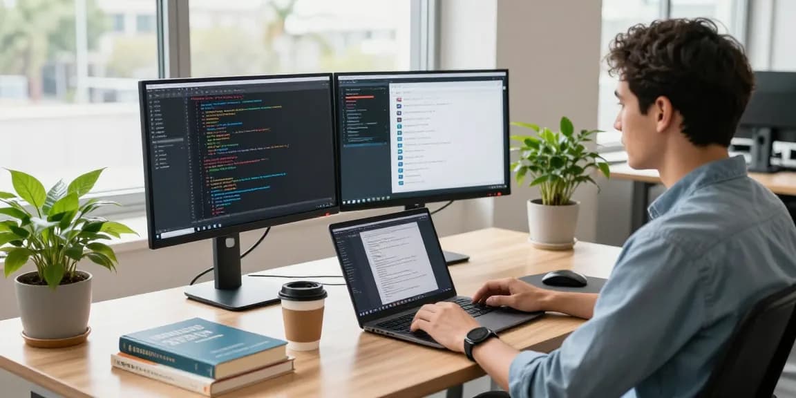 Developer working on WhatsApp下載 at a modern workspace with dual monitors and code.