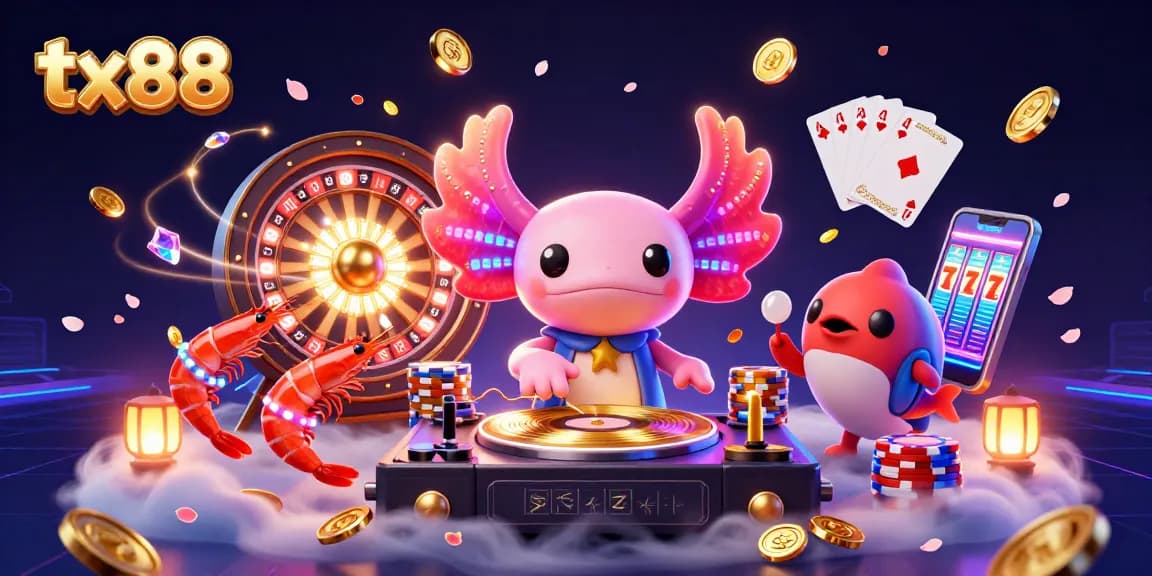 Experience thrilling gaming action at tx88 with a vibrant underwater casino scene featuring a DJ axolotl and dynamic game elements.
