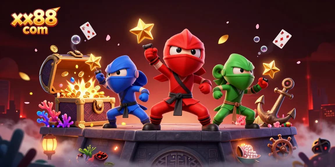 Participate in exciting games at xx88 com with colorful coins and treasure chests bursting in action.