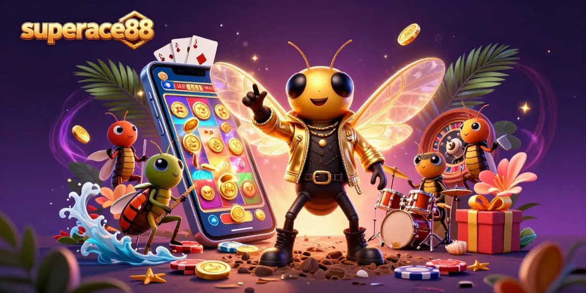 Spin the reels at superace88 with vibrant 3D casino characters and dynamic gaming elements in a rich scene.
