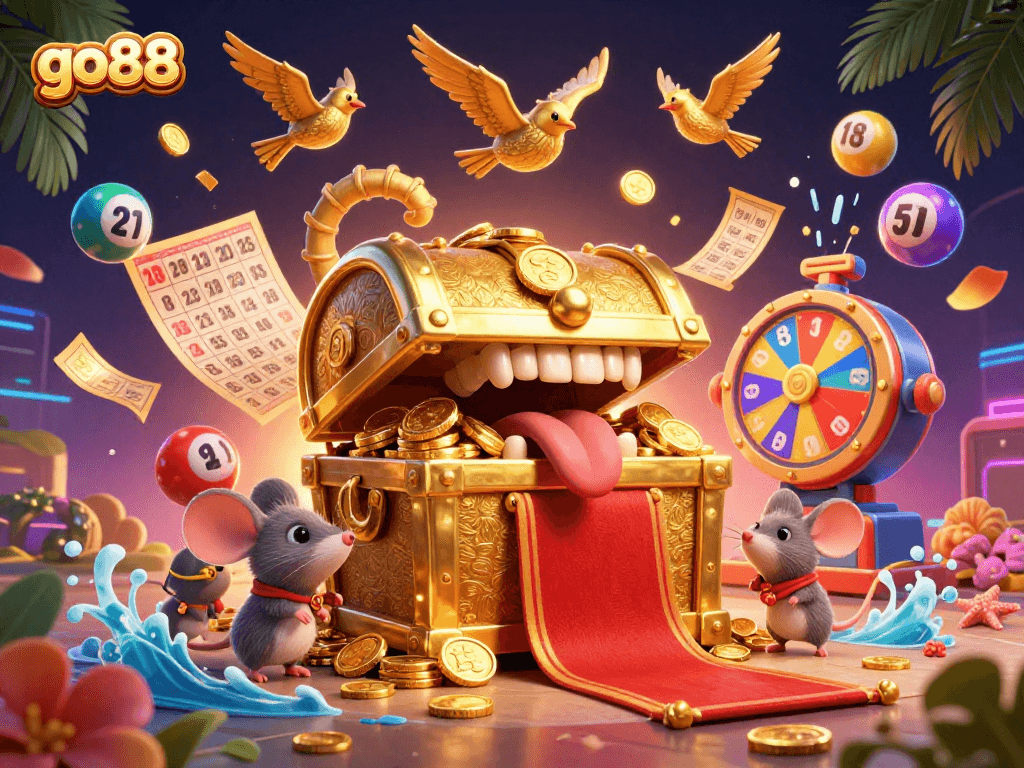 Join the excitement with go88 as lottery balls bounce and tickets flutter in a vibrant casino scene.
