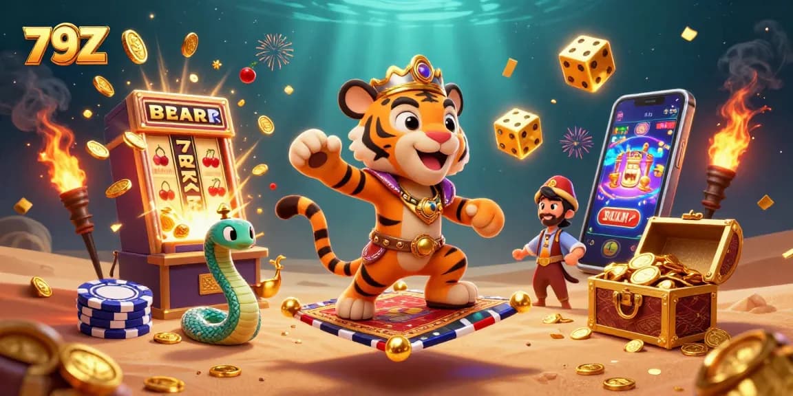 Experience thrilling gaming adventures with 79Z, featuring a vibrant casino scene showcasing jackpots, games, and festive elements.