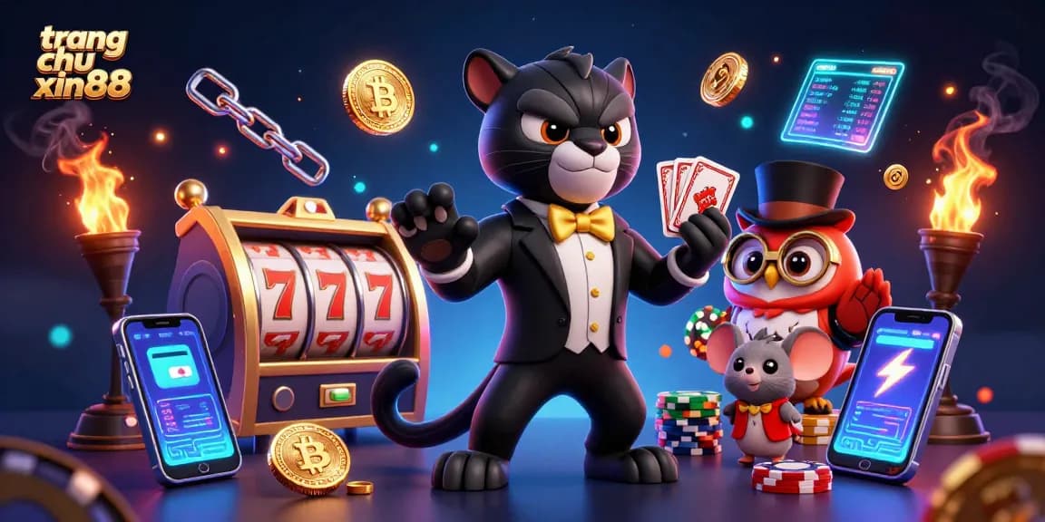 Engage in thrilling slots action at trang chu xin88 with a stylish black panther, owl, and mouse in a vibrant casino scene.