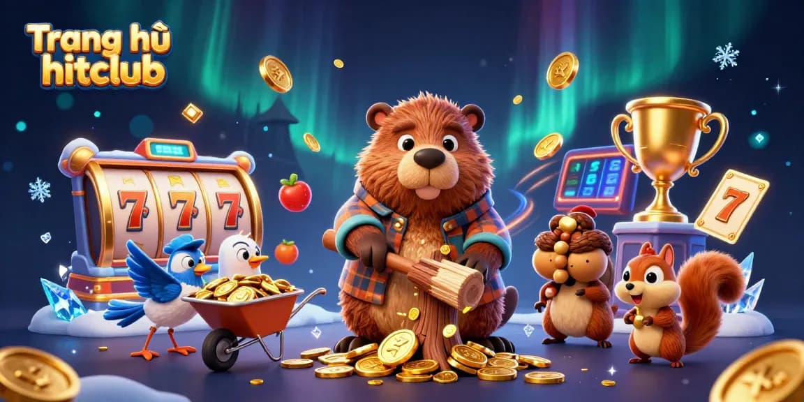 Experience the excitement at Trang chủ hitclub with a vibrant 3D illustration showcasing thrilling slot games and dynamic characters.