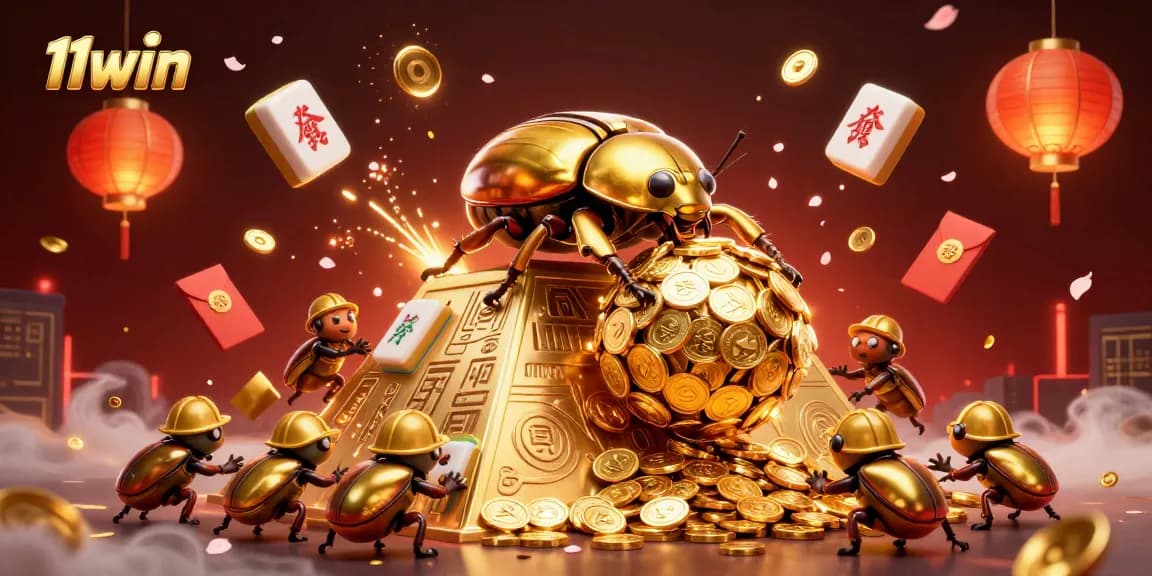 Experience thrilling gameplay with 11WIN as a golden dung beetle rolls coins in a vibrant casino scene.