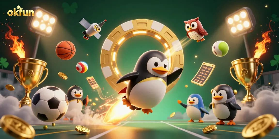 Experience the thrill of okfun casino with the dynamic rocket-powered penguin racing towards a vibrant casino.