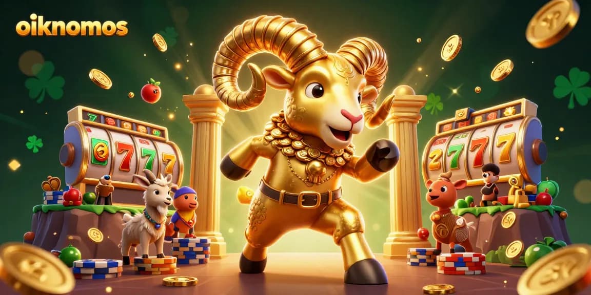 Oikonomos spins lucky reels with a golden ram at a vibrant casino scene, highlighting jackpot excitement.