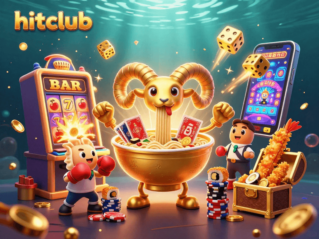 Engage with hitclub gaming excitement featuring a golden ramen bowl dealer amidst colorful casino action.