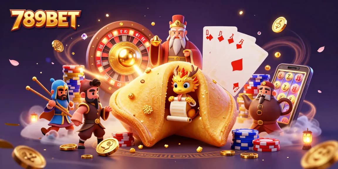 Experience the thrill of 789BET with a dynamic casino scene featuring fortune symbols and golden treasures.