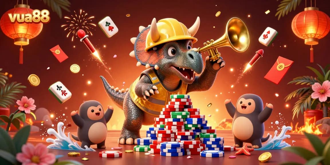 Engage in exciting wins at vua88 with vibrant casino-themed 3D illustration depicting epic gaming moments.