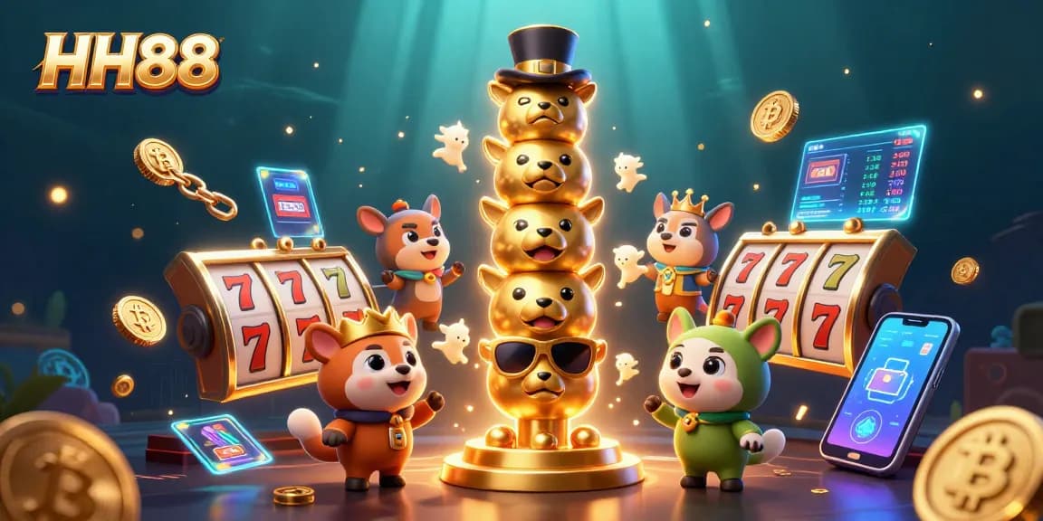 Engage with HH88 as you explore captivating slots in a vibrant, animated casino scene.