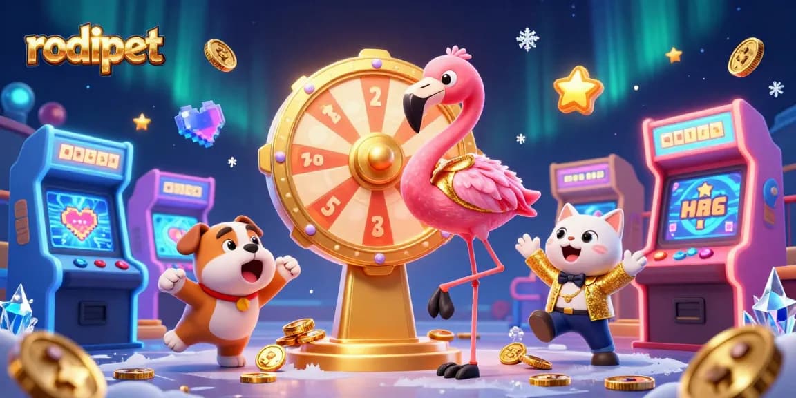 Spin the exciting rodipet prize wheel with a thrilled bulldog and flamingo host amid colorful casino elements.