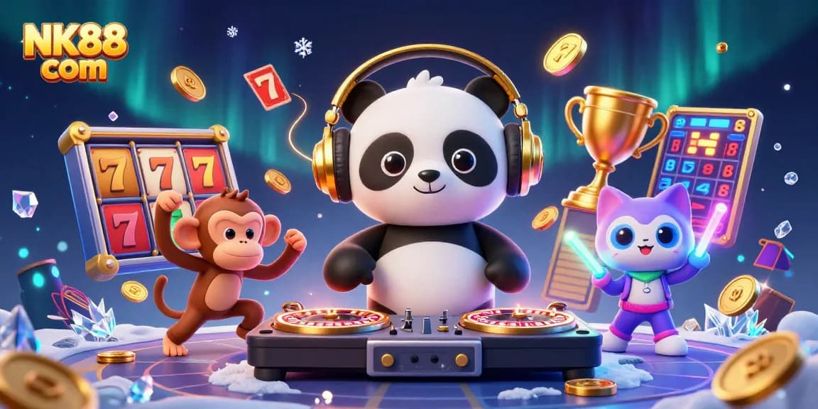 Experience the excitement of NK88 com with colorful 3D characters and dynamic slot elements spinning around.