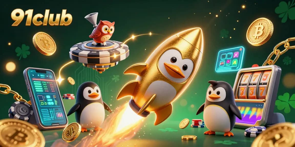 Engage with 91club while enjoying a thrilling casino adventure in space featuring a golden penguin and crypto themes.