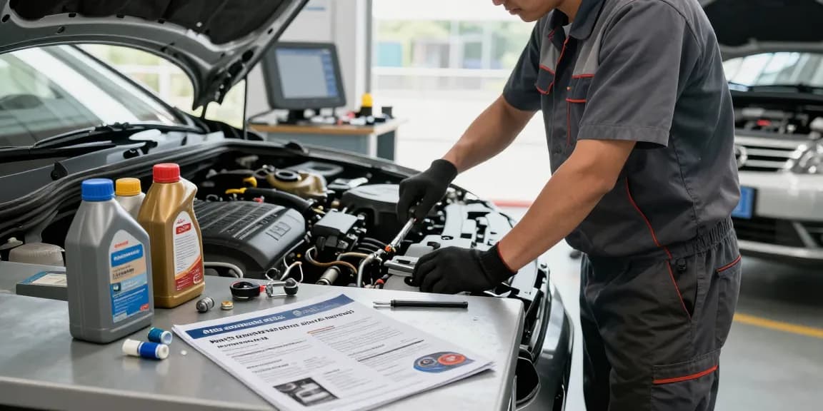 Mechanic diagnosing an engine issue, discussing reasons why auto consuma troppo in a well-lit garage.