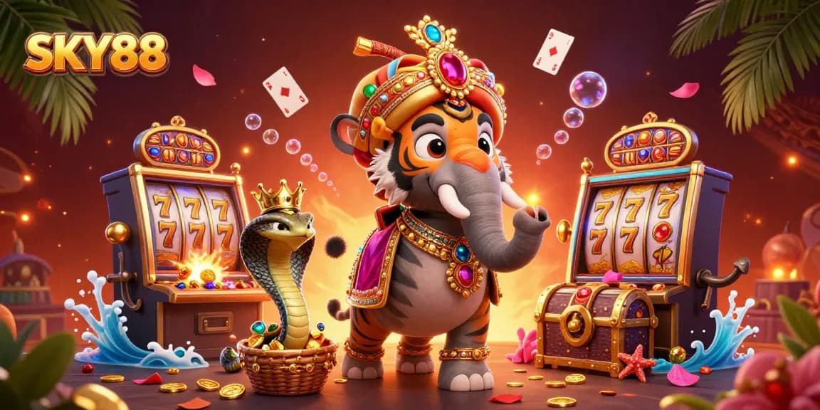 SKY88 captivates players with an exciting slot adventure featuring a jewel-encrusted elephant and gold treasures.