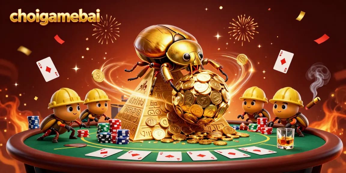 Engage in thrilling gameplay at choigamebai with golden beetles rolling coins in a vibrant casino scene.