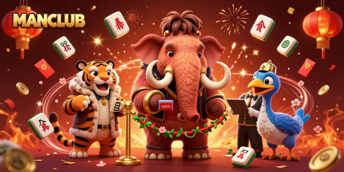 Engage with the exciting world of MANCLUB in this vibrant casino scene illustrating a mammoth checking IDs and a saber-tooth tiger at the door.