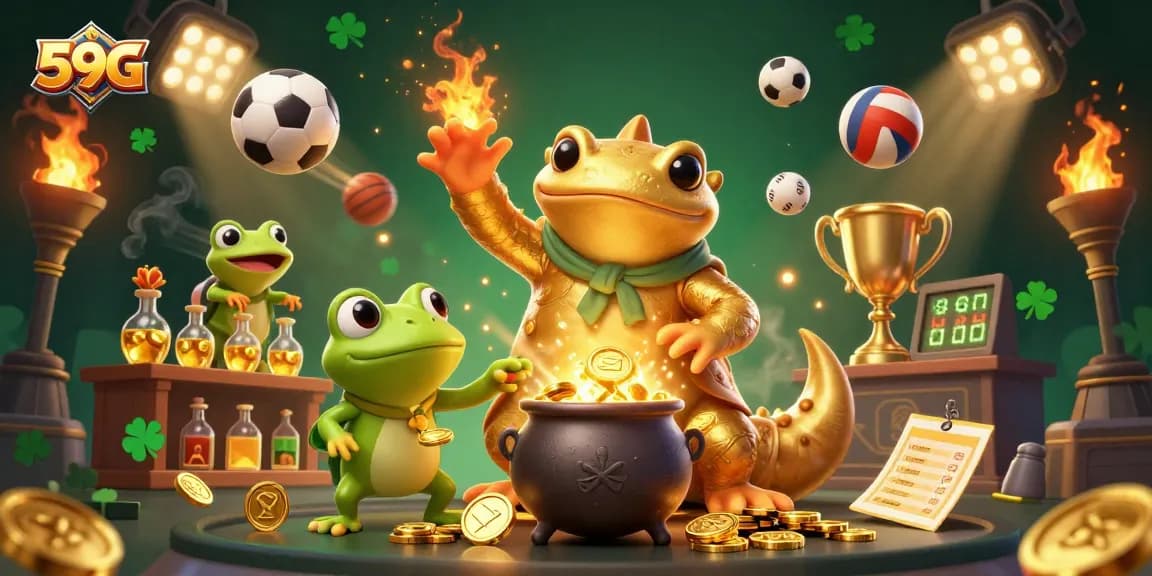 Experience thrilling gameplay with 59G, showcasing a vibrant 3D illustration of an alchemist and sports elements.