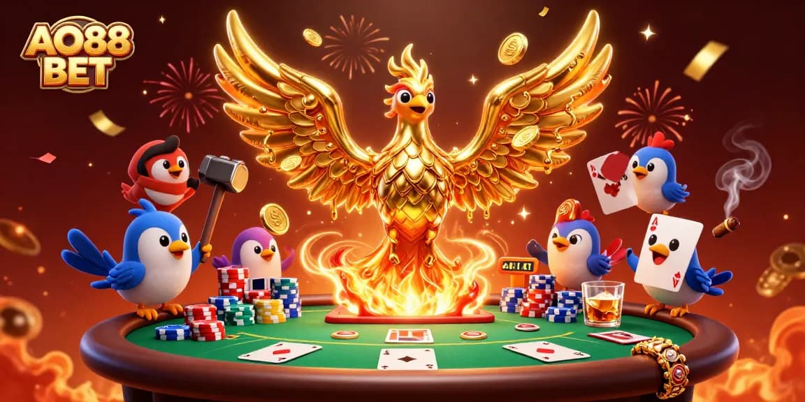 Experience the excitement of AO88 BET with a golden phoenix and poker elements in a casino scene.
