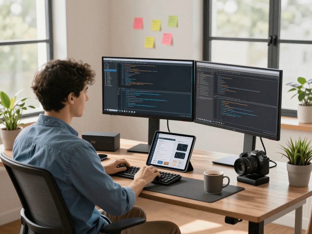 Developer at https://net88.se.net creating code in a modern workspace with dual screens and vibrant decor.