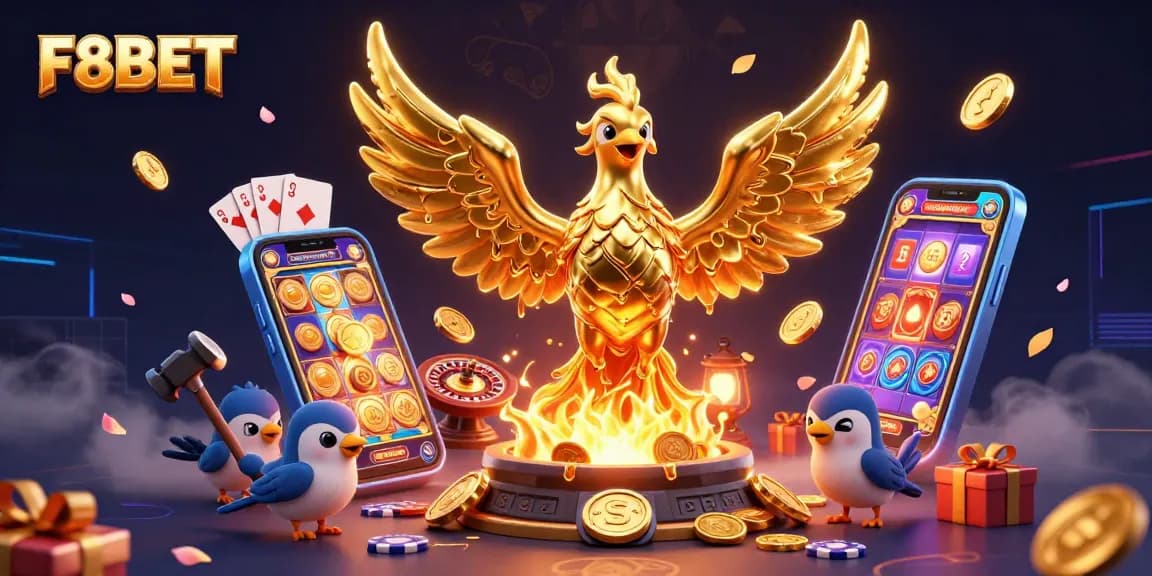 F8BET brings excitement to the casino with a molten phoenix and vibrant gaming elements in a dynamic scene.