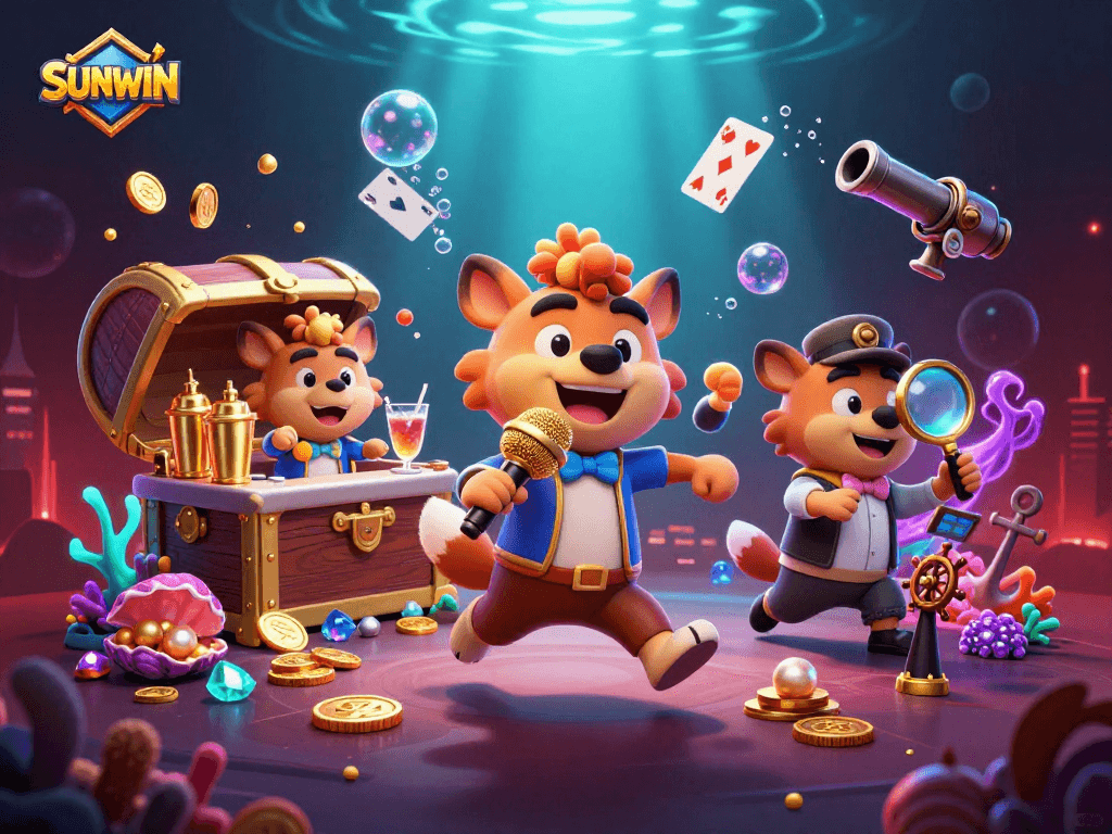 Experience the excitement of SUNWIN casino with lively hyenas in a vibrant gaming atmosphere.