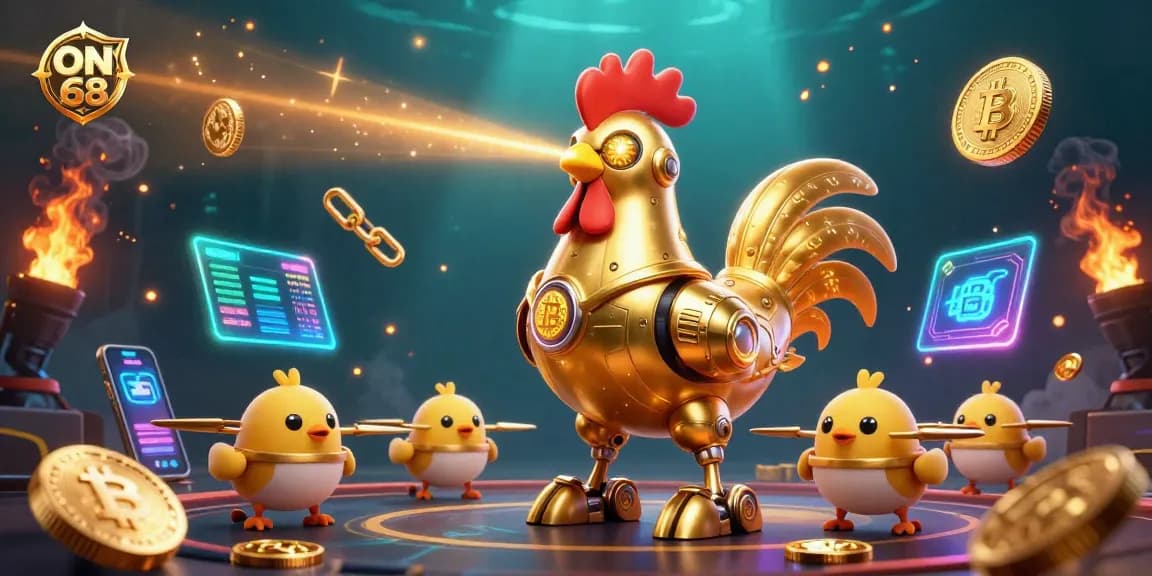 Engage with ON 68 at the casino, featuring a golden rooster robot and crypto elements!