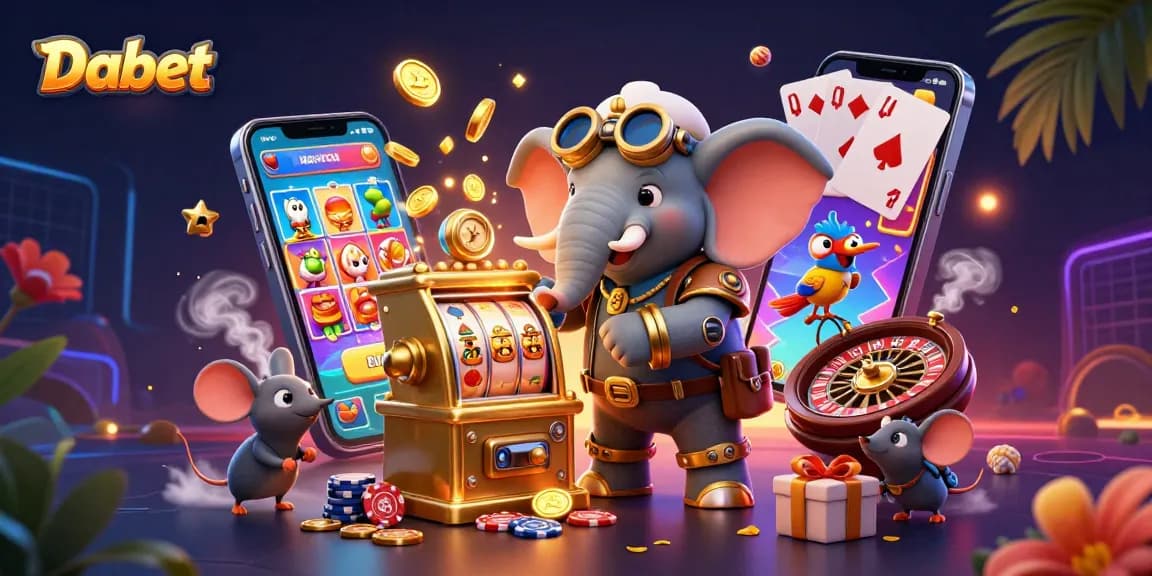 Dabet players revel in winning with a dynamic steampunk elephant operating a colorful slot machine surrounded by vibrant coins and cards.