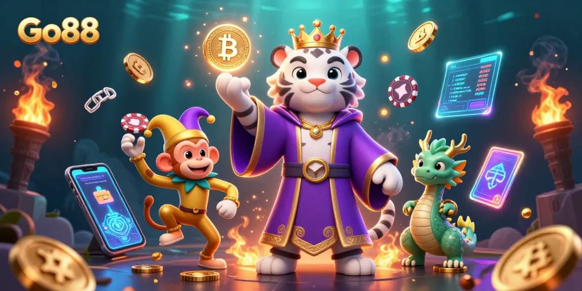 Experience Go88's vibrant gaming world with a 3D illustration of a majestic white tiger, playful monkey, and jade dragon.