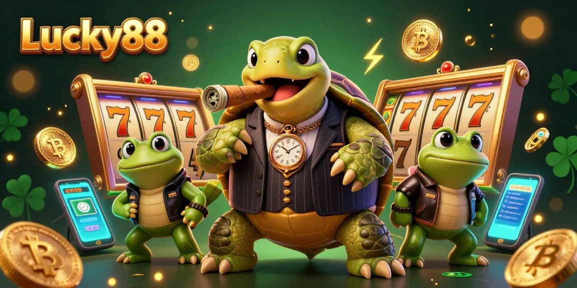Experience the thrill of Lucky88 with a dynamic casino scene featuring a snapping turtle in a mobster suit surrounded by slot reels.